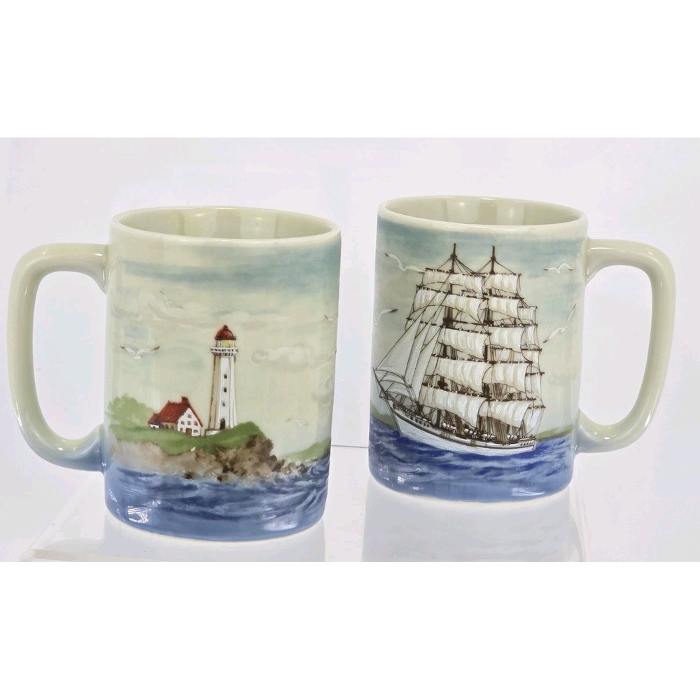 2 Set VTG Otagiri Schooner Ship Lighthouse Ceramic Porcelain Coffee Mugs Cup EUC